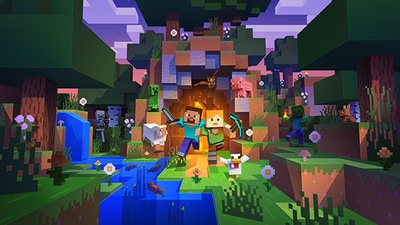 ผู้เล่น Minecraft สองคนวิ่งออกจากถ้ำ มีมอบรอบๆ